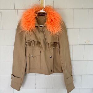 Sies Marjan Wool Blend Fringe Fitted Faux Fur Collar Jacket Tan size Medium